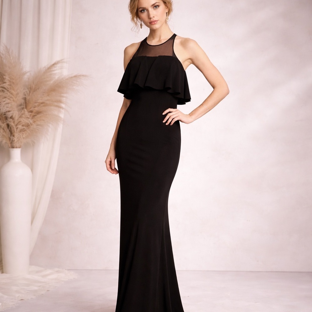 Badgley Mischka Belle Catherine Black Ruffle Gown Size 0 Illusion Neck Maxi